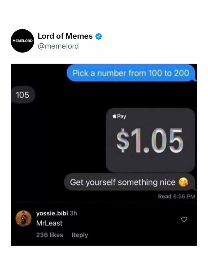 Text message meme showing Apple Pay $1.05 sent after choosing number 105, relating to memes that break doomscrolling.