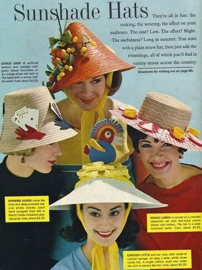 Four women wearing colorful vintage sunshade hats with playful decorations, showcasing June Cleavers vintage closet style.