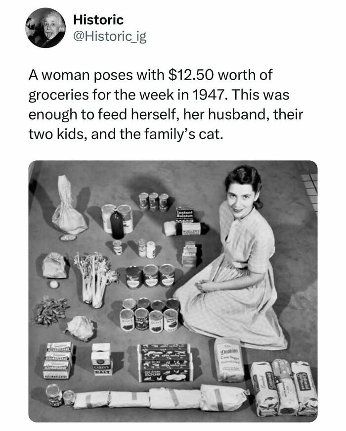 A historic photo of a woman with $12.50 worth of groceries in 1947 showing weekly food essentials.