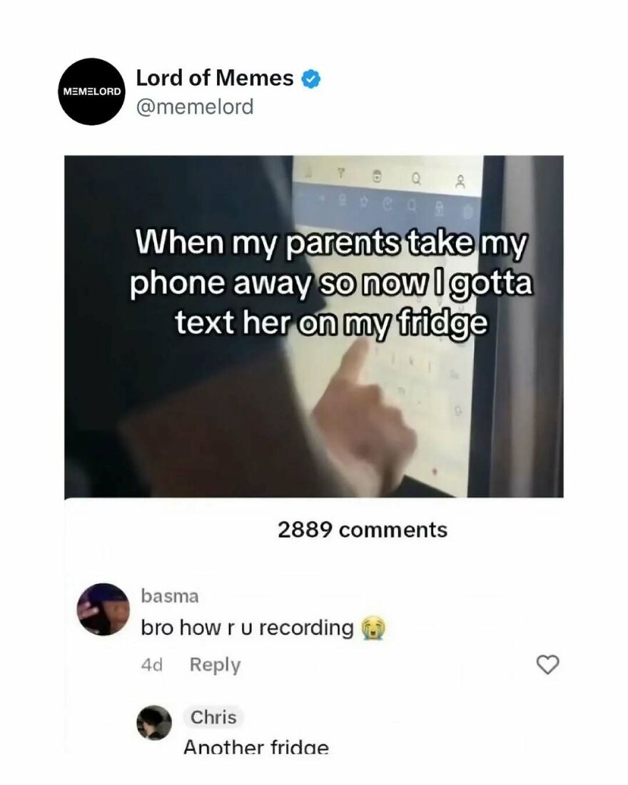 Meme showing texting on a fridge screen after phone is taken away, highlighting funny memes to break doomscrolling.
