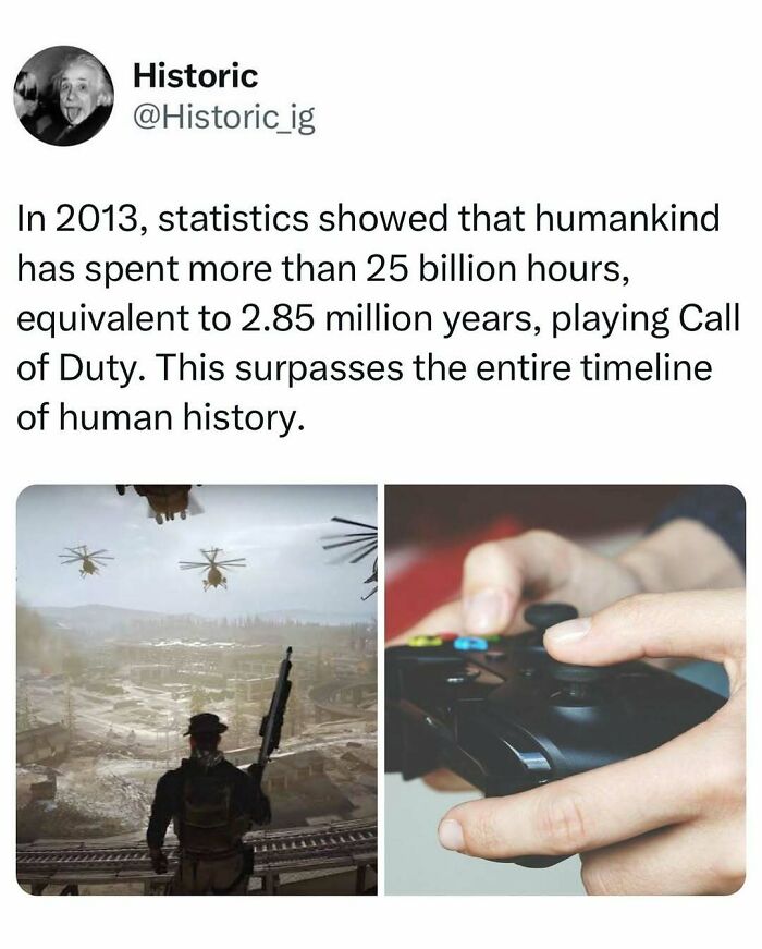Historic photo collage showing a Call of Duty game scene and hands holding a controller highlighting gaming time history.