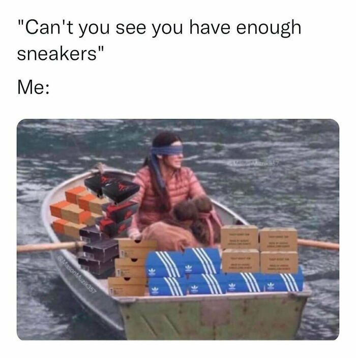 Person blindfolded in a boat filled with sneaker boxes, illustrating funny memes about having too many sneakers.