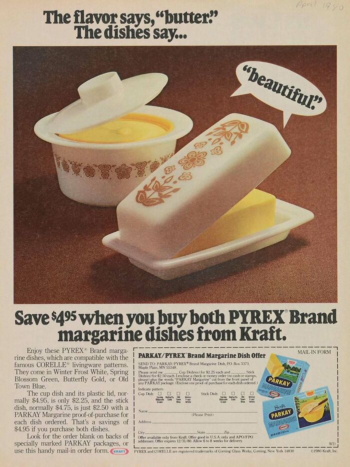 Vintage Pyrex margarine dishes from Kraft showcasing classic retro kitchenware and nostalgic household items.