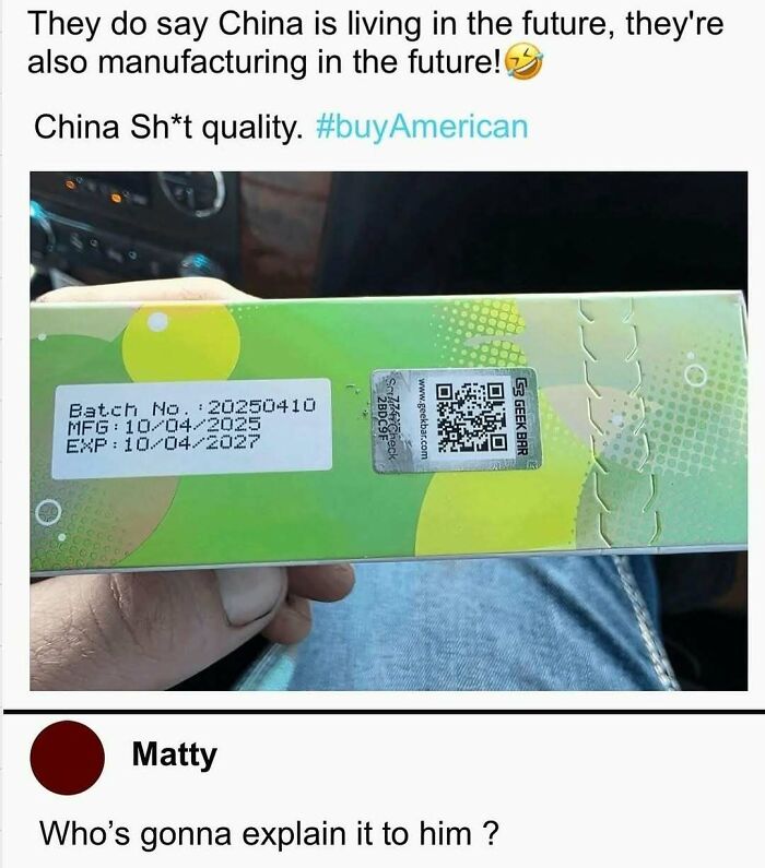 Hand holding a product box with manufacturing and expiration dates mixed up, featured in random memes bringing chaos.