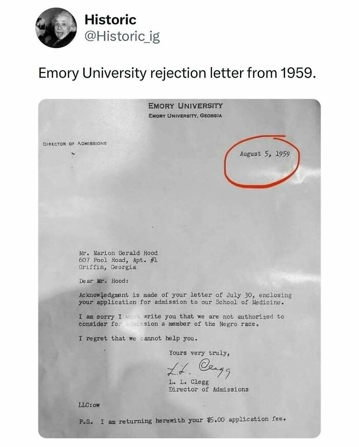 Historic photo of a 1959 Emory University rejection letter showing racial discrimination in admissions.