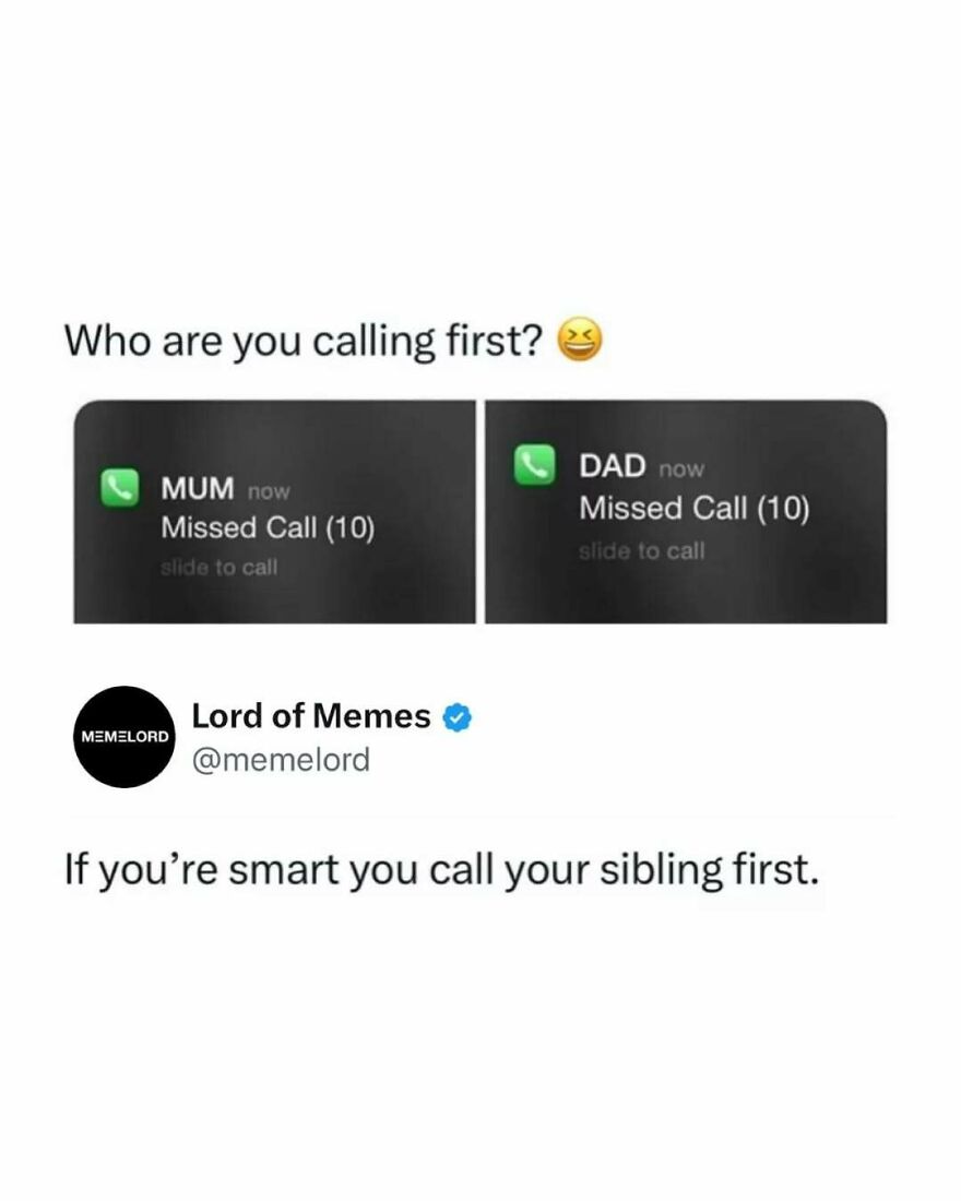 Missed call notifications from Mum and Dad with a meme suggesting calling your sibling first to break doomscrolling.