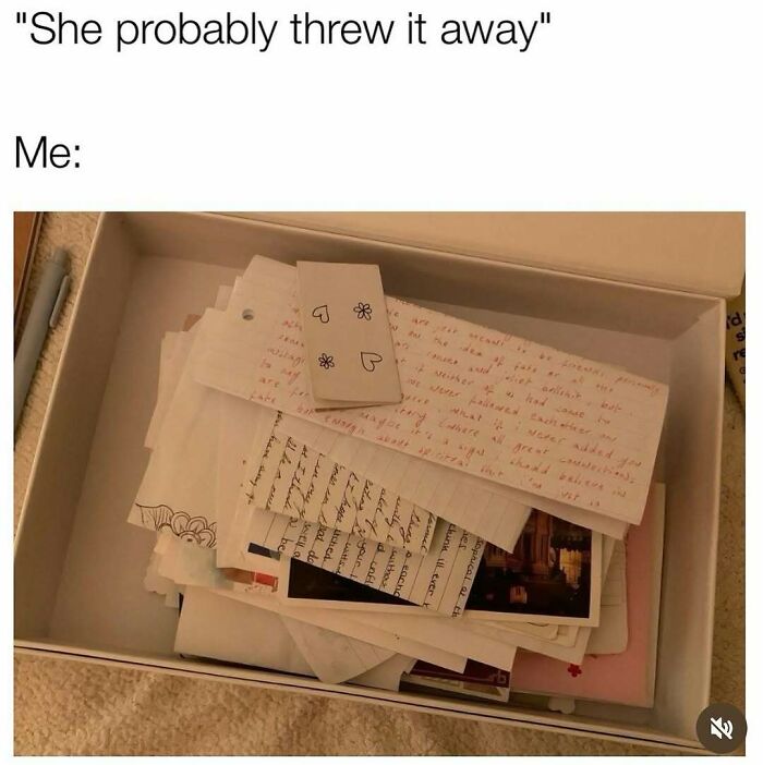Box full of handwritten notes and letters depicting introvert-worthy memes about saving personal items instead of throwing them away.