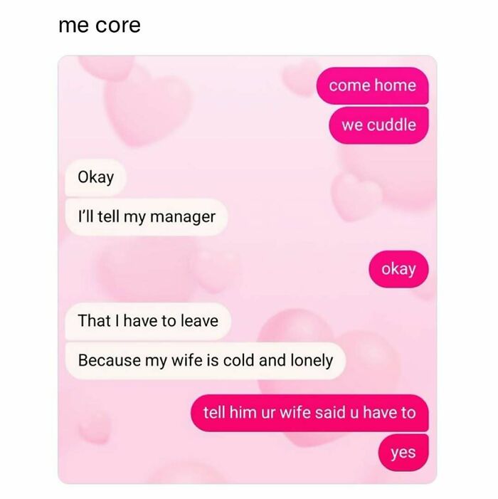 Text conversation meme on a pink heart background, illustrating introvert-worthy memes about social interaction and cuddling.