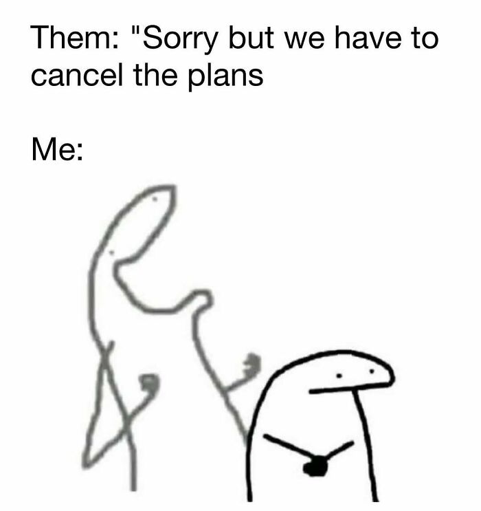 Simple hand-drawn meme characters reacting to canceled plans, humorous content for daily dose of laughter and good vibes.