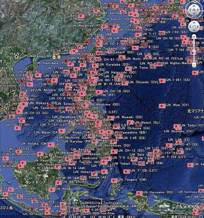Map showing numerous historical shipwreck locations in the Pacific, highlighting interesting and heartbreaking backstories.