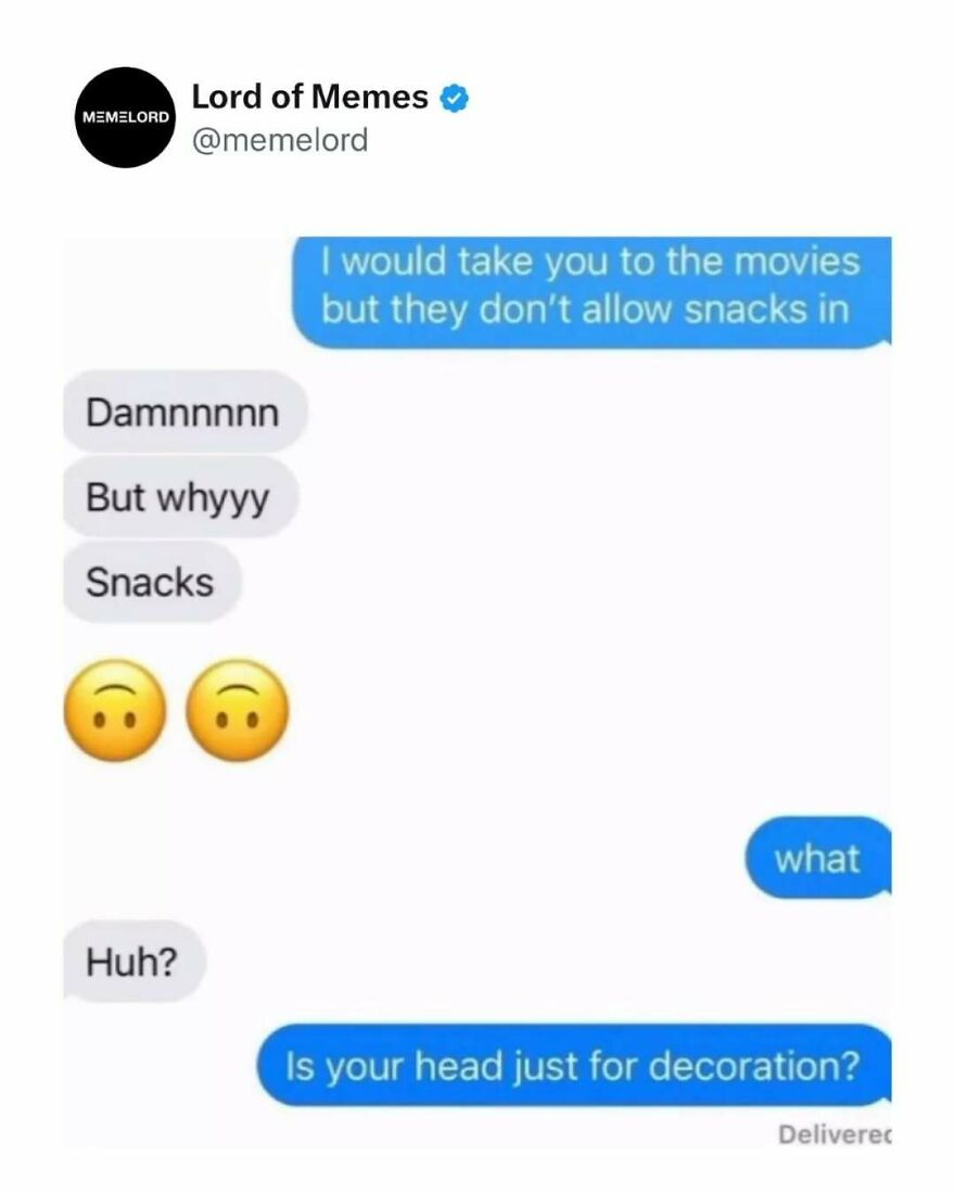Text message meme showing a funny conversation about snacks breaking your doomscrolling cycle with playful emojis.