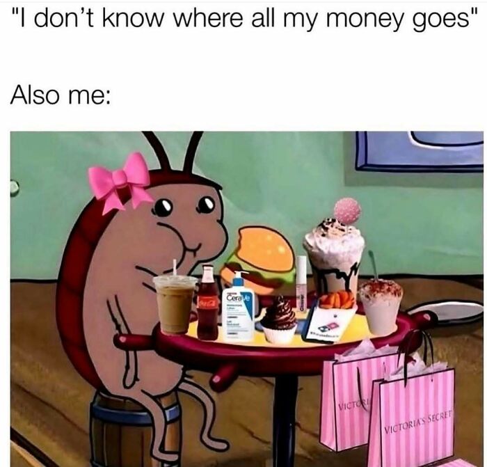 Cartoon character with a bow sitting at a table full of food, drinks, and shopping bags illustrating introvert humor memes.