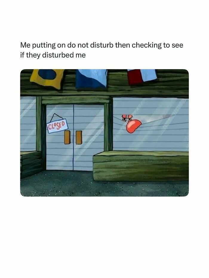 Hilarious meme showing a cartoon crab peeking from behind a closed door for a daily dose of laughter and good vibes.