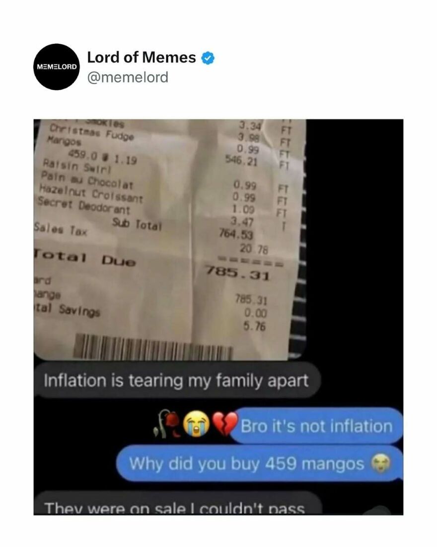 Screenshot of a humorous chat about buying 459 mangos and inflation meme breaking doomscrolling cycle.