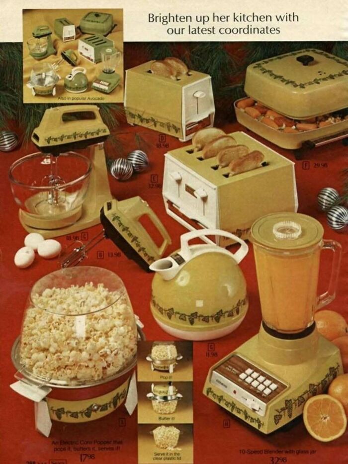Vintage kitchen appliances including toaster, blender, and popcorn maker from June Cleavers vintage closet era.