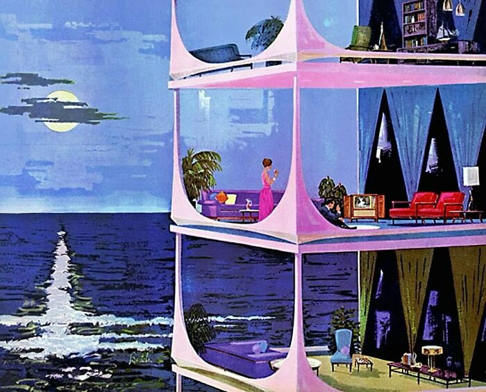 Retro vintage closet scene in a modern home overlooking the ocean under a full moon at night.