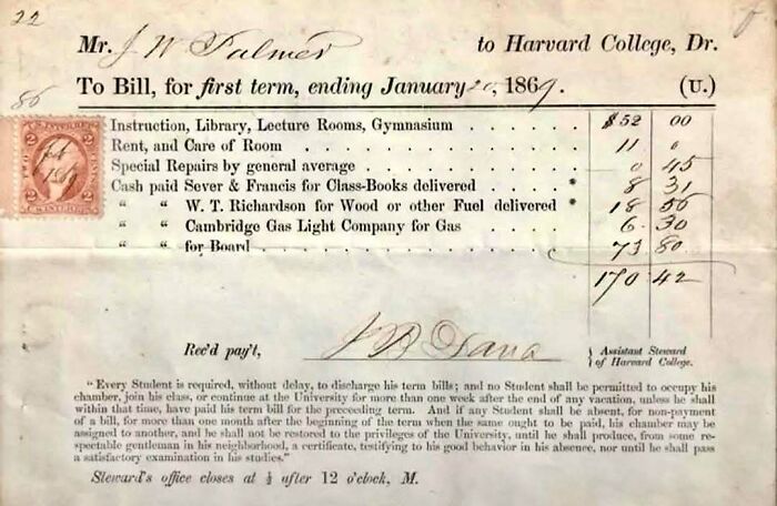 Historical photo of Harvard College term bill from 1867 showing detailed student expenses and payment terms.