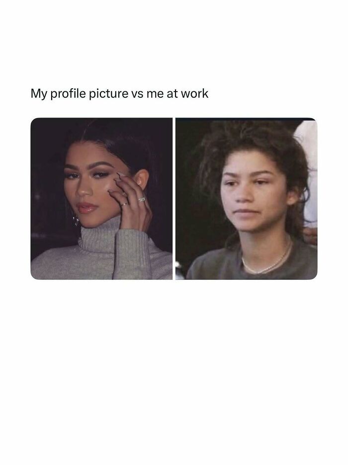 Side-by-side hilarious meme showing glamorous profile picture versus tired look at work for daily laughter and good vibes.