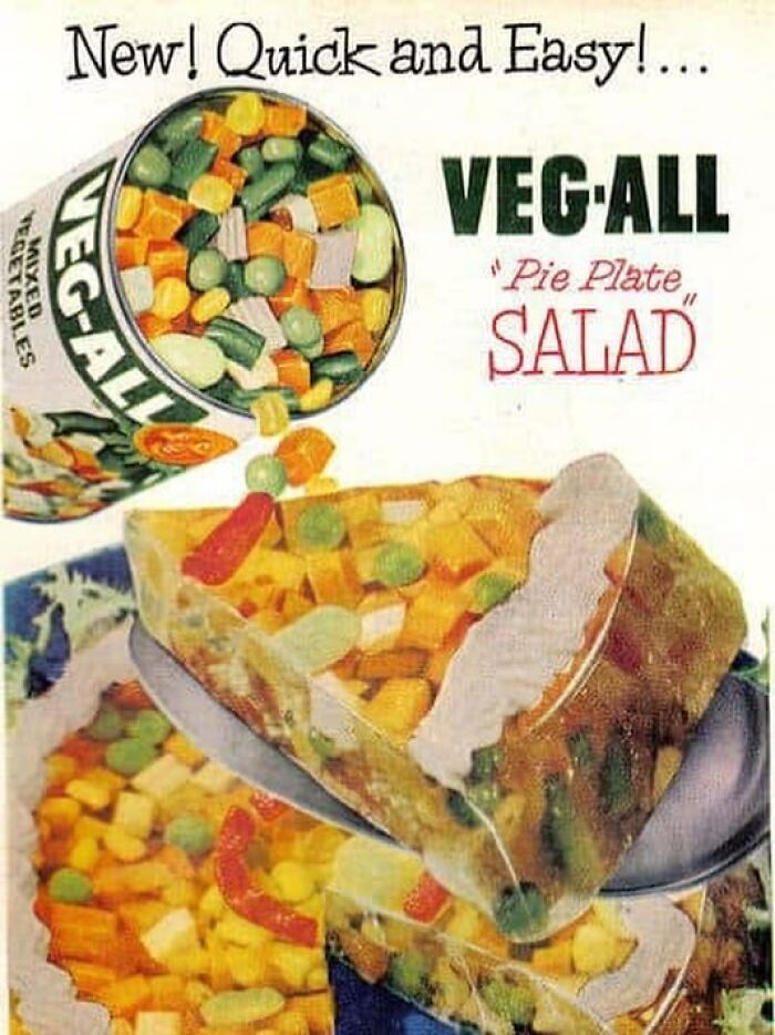 Vintage advertisement showing Veg-All mixed vegetables in a pie plate salad, reflecting June Cleavers vintage closet era.