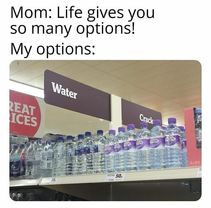 Grocery store shelves with water bottles under signs labeled Water and Crack, humorous introvert-worthy meme concept.