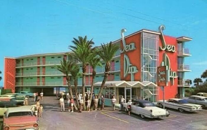 Vintage 1950s Sea Dip motel with classic cars and palm trees, evoking a nostalgic June Cleavers vintage closet era.