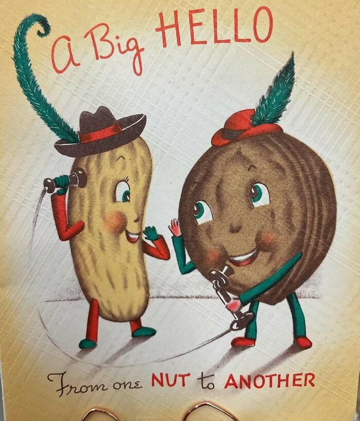 Vintage illustration of a peanut and walnut wearing hats and feathers, saying hello with a telephone in a nostalgic style.