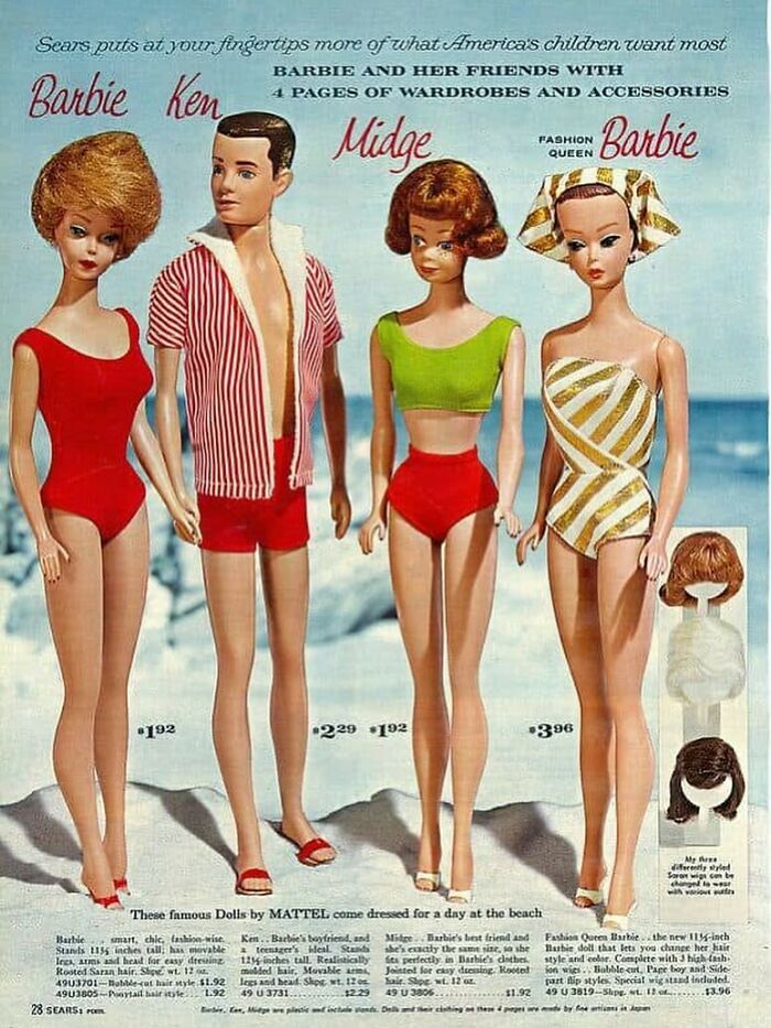 Vintage Barbie and Ken dolls modeled in 1960s beachwear from June Cleavers vintage closet era.