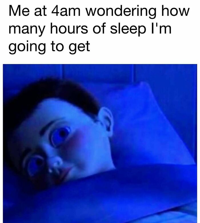 Person lying awake in bed at 4am with wide eyes, capturing a relatable meme from hilarious daily dose collection.