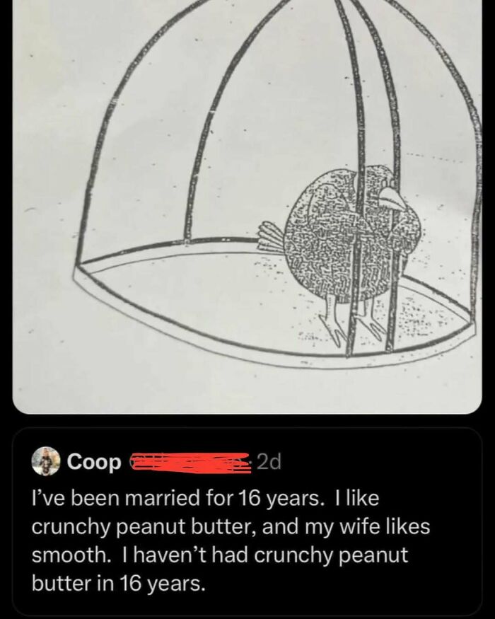 Sketch of a bird trapped in a cage accompanied by a humorous text about peanut butter preferences, featured in random memes.