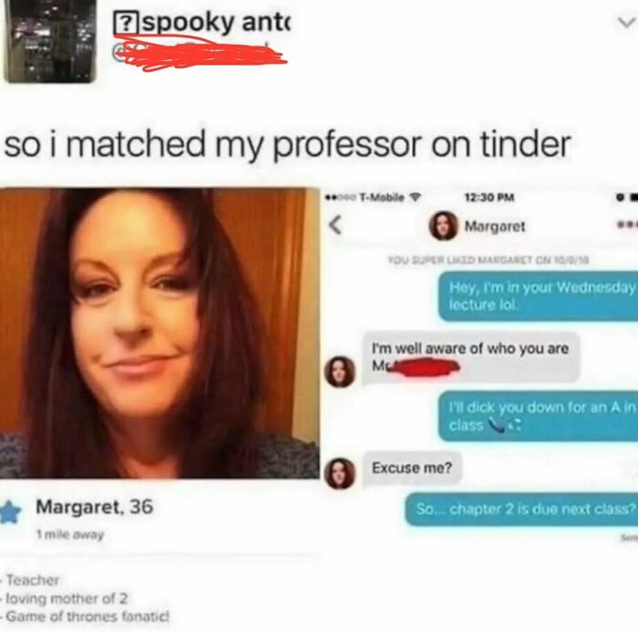 Tinder conversation screenshot showing a student matching their professor, part of random memes bringing chaos and laughter.