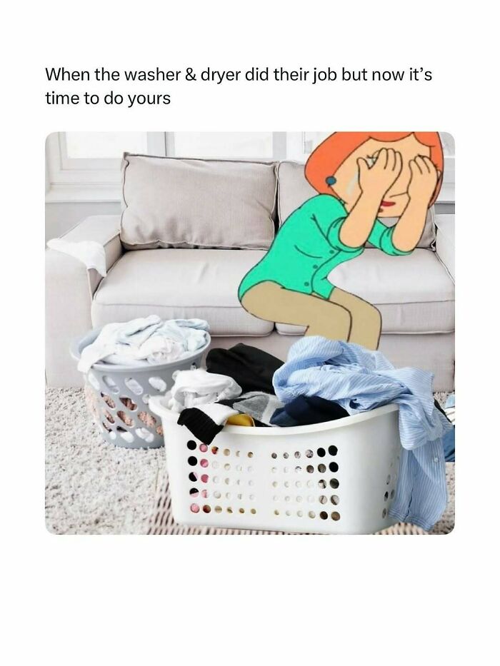 Cartoon character covering face next to laundry baskets filled with clothes, illustrating hilarious memes about daily chores and good vibes.