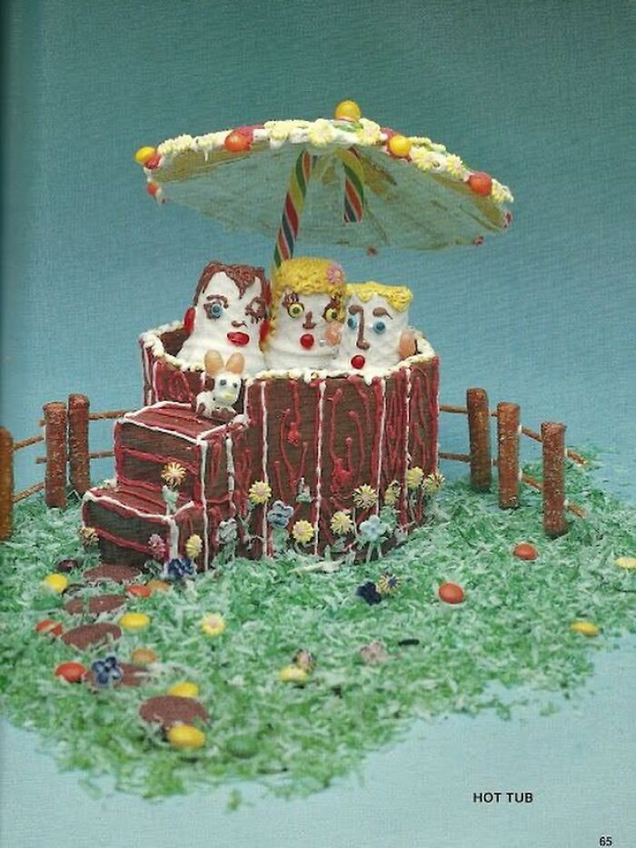 Vintage hot tub scene made of candy and icing, evoking a nostalgic June Cleavers vintage closet vibe.