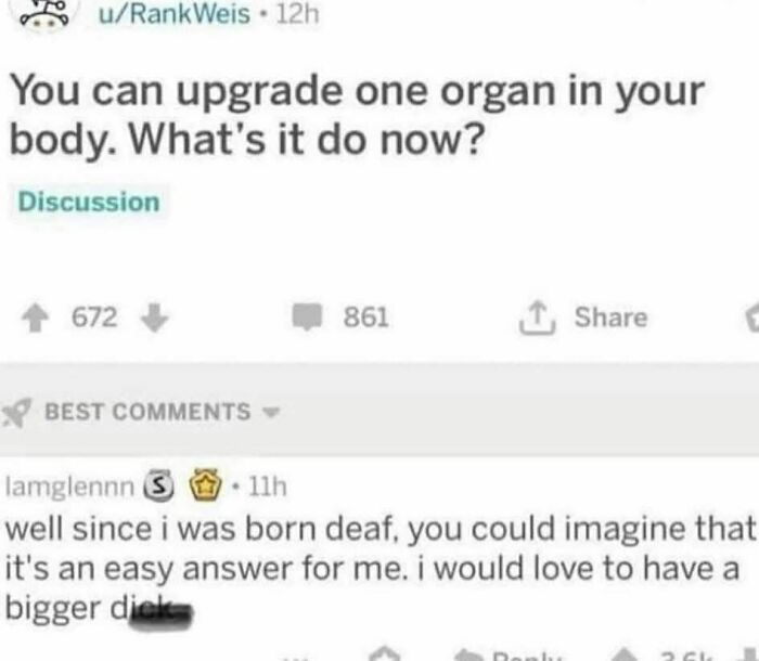 Reddit post asking which organ to upgrade with a humorous comment, part of random memes that bring laughter and fun.