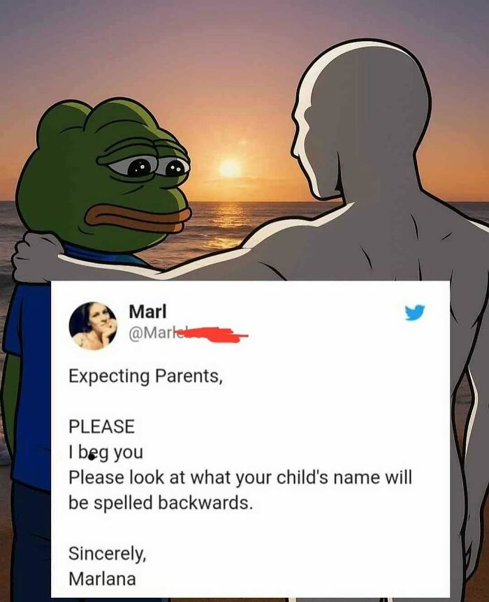 Sad Pepe meme supported by a human figure with an encouraging tweet about checking child's name spelling backward, highlighting random memes.