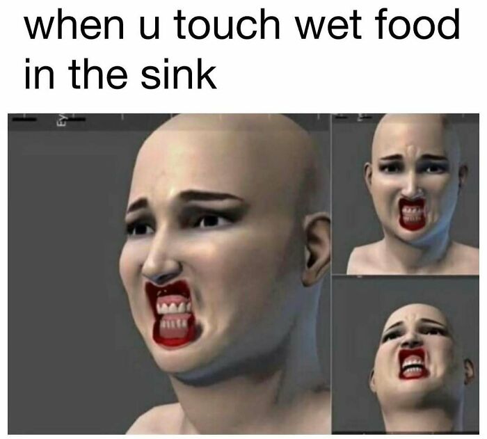 3D animated character making a disgusted face with the caption about touching wet food in the sink, funny meme for daily laughter.