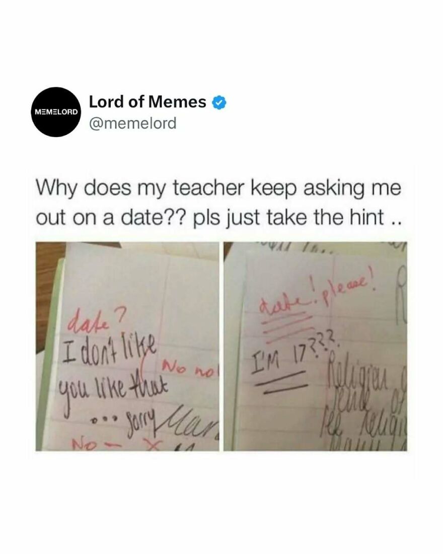 Screenshot of a meme from Lord of Memes about teacher asking a student out, part of popular memes to break doomscrolling.