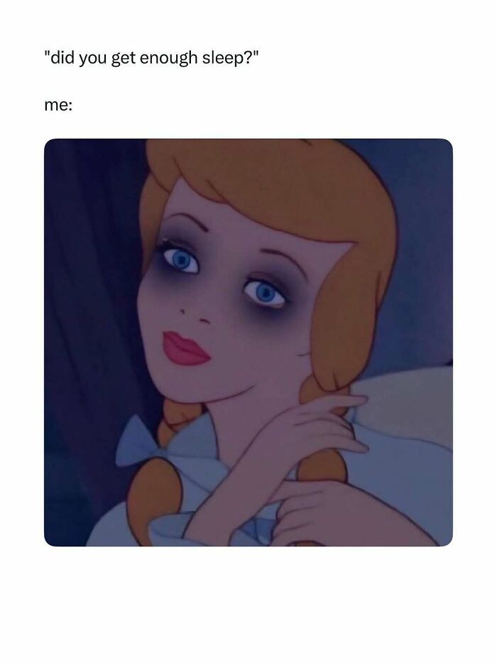 Cartoon woman with dark circles under eyes, illustrating lack of sleep, in a hilarious meme for daily laughter and good vibes.