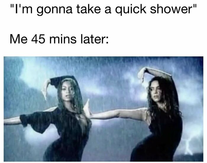 Hilarious meme showing two women dancing in the rain after a supposed quick shower, capturing daily dose of laughter and good vibes.