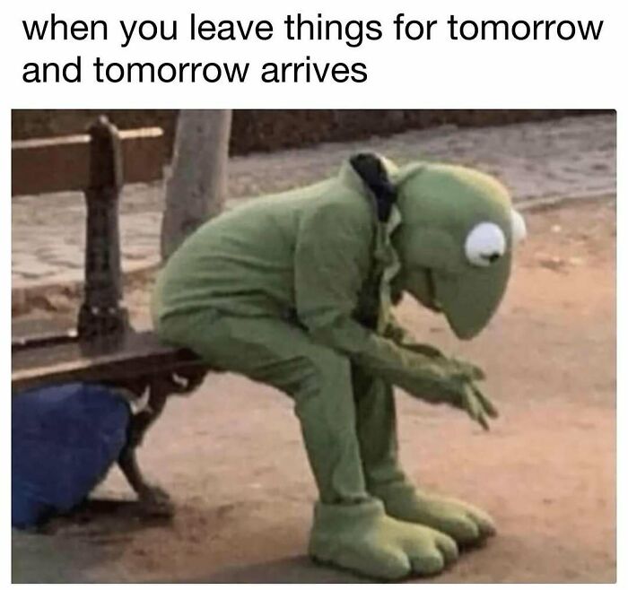Person in Kermit costume sitting on bench looking down, illustrating procrastination in hilarious memes for laughter and good vibes.