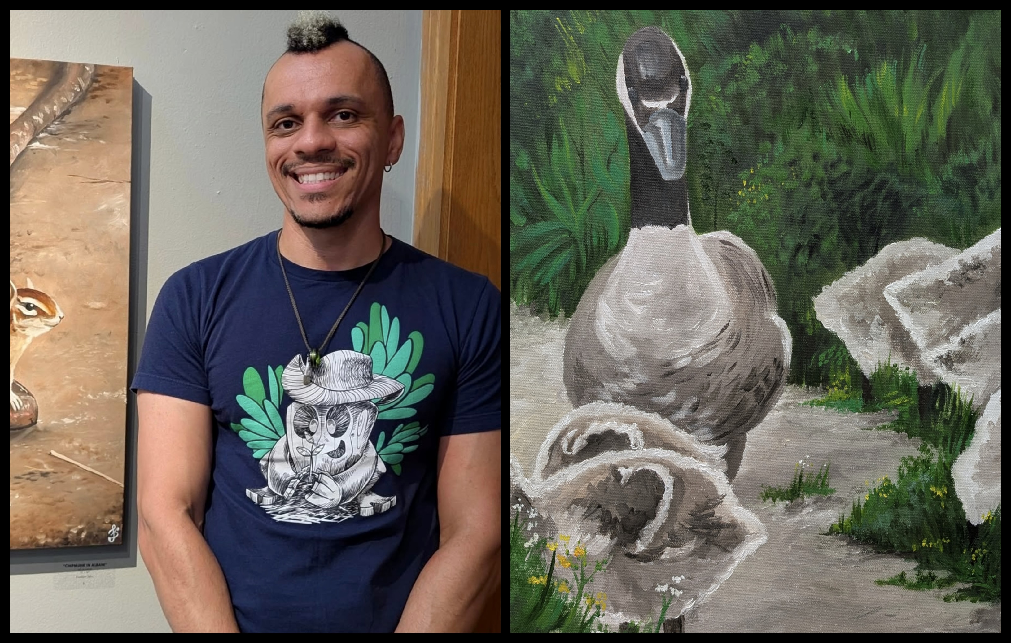 Franklin Silva smiling beside his nature-inspired paintings featuring wildlife and natural elements in artistic style