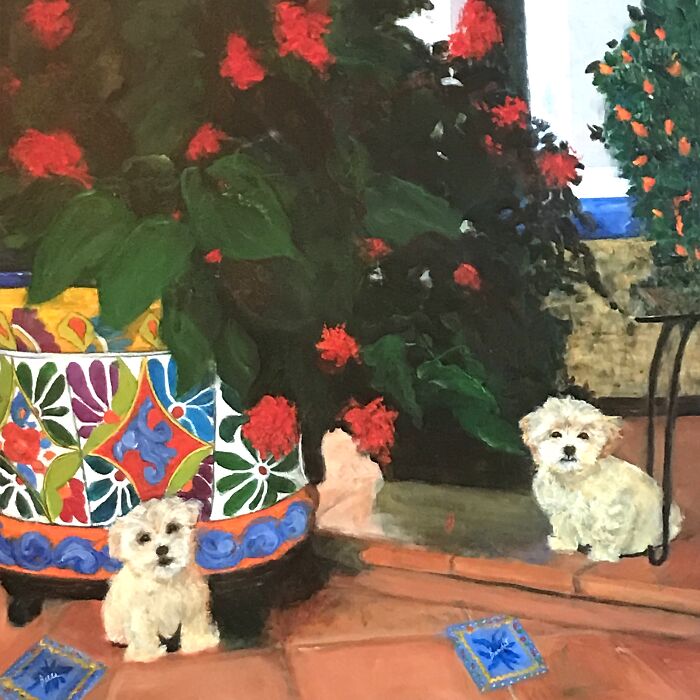 Painting of two small white dogs sitting near colorful flower pots, showcasing detailed pet portraits in a vibrant garden setting.