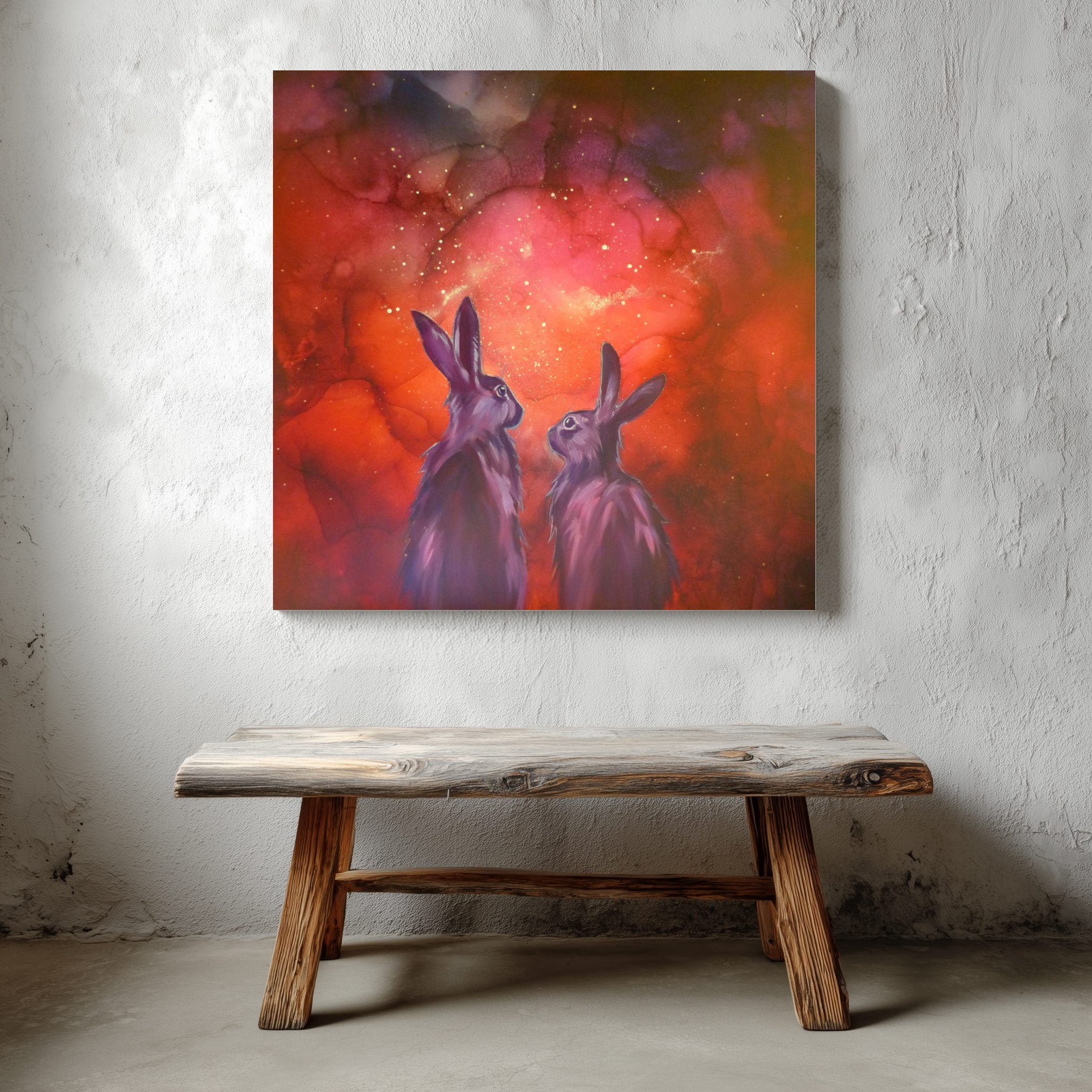 Painting of two glowing animals resembling rabbits with vibrant purple hues against a red and orange glowing background.