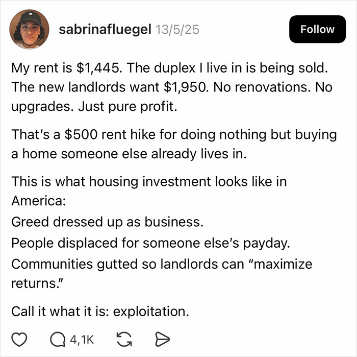 Screenshot of social media post highlighting rent hikes and exploitation in the lack of affordable housing in the US.
