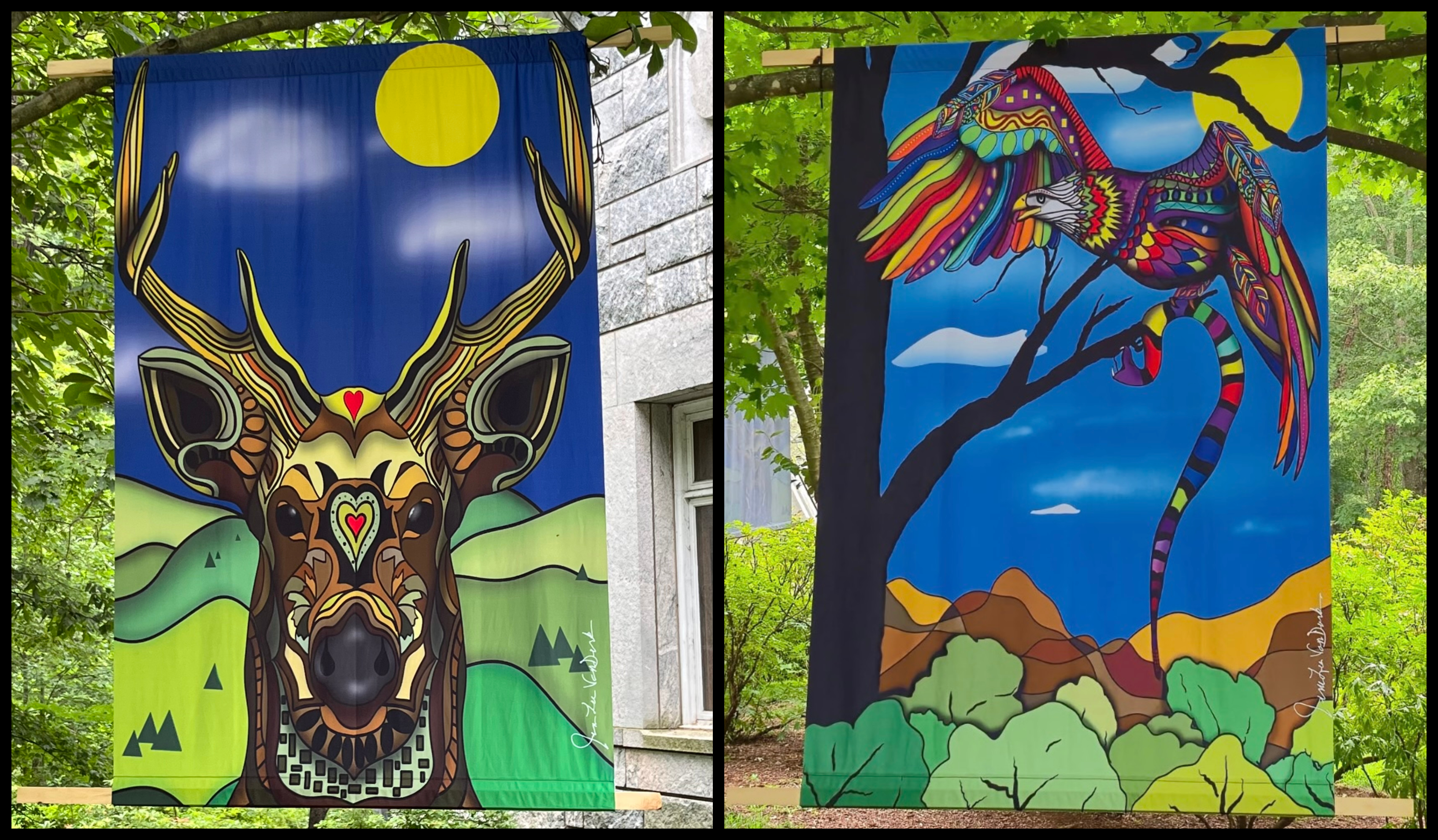 Colorful nature-inspired art banners by June Van Dunk featuring a stylized deer and a vibrant bird in outdoor setting.