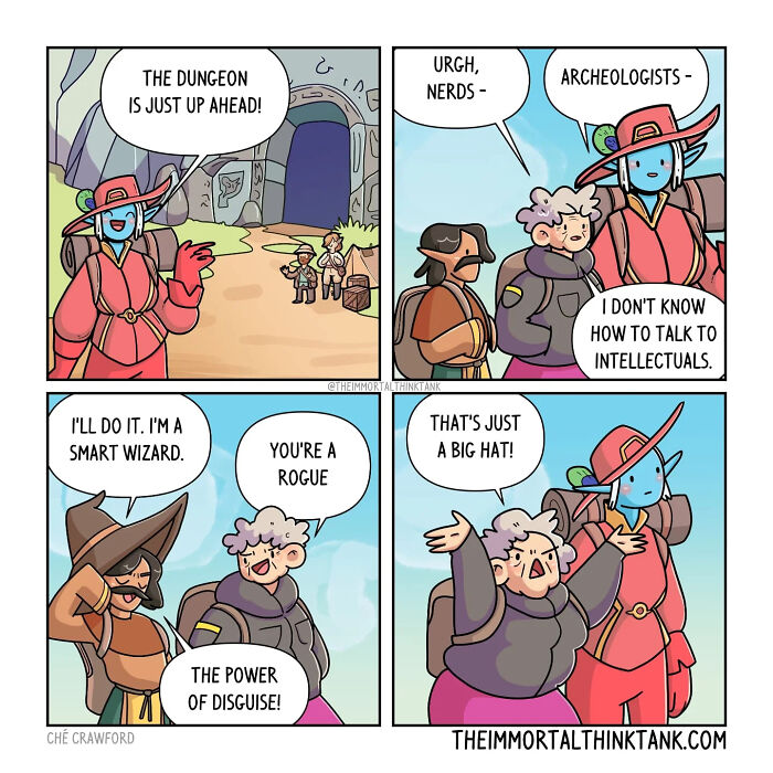 Comic panels showing characters in a fantasy gaming setting with humorous dialogue about parenting and disguise.
