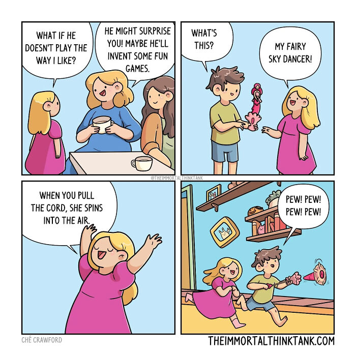 Comic panels showing parenting and fantasy gaming with children playing and imagining a fairy sky dancer toy spinning in the air.