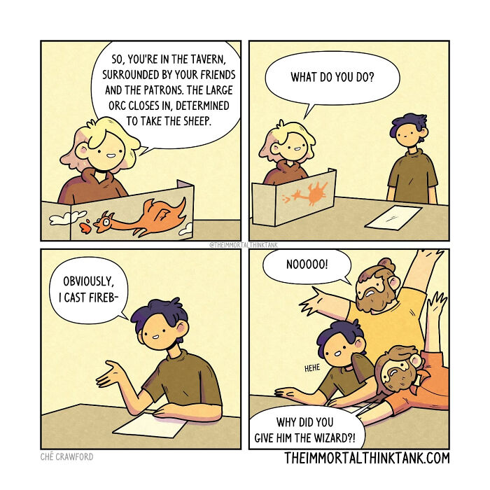 Comic scene depicting fantasy gaming with players reacting to a game move, highlighting parenting and fantasy gaming themes.