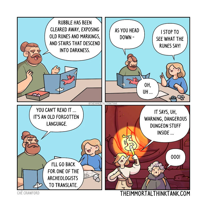 Comic strip showing parenting and fantasy gaming themes with characters discussing runes and dungeon warnings in a playful setting.