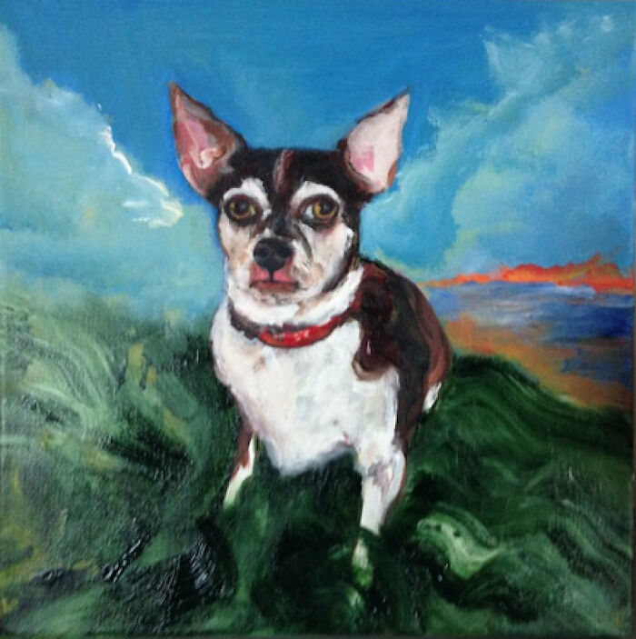 Pet portrait painting of a small dog with large ears and a red collar against a colorful outdoor background.