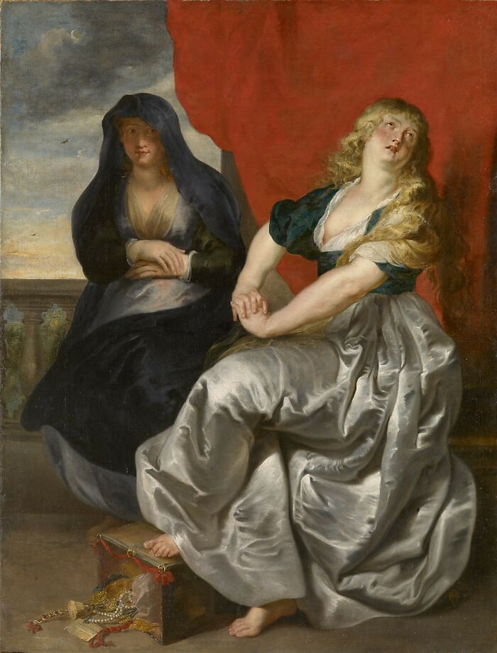 Two women in historical attire, showcasing changing beauty standards through classic painting styles.